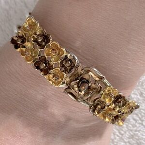 Vintage Floral Gold & Brown Tone Metal Bracelet